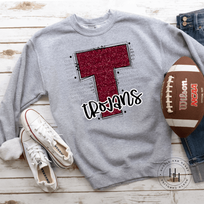 Trojans Maroon Glitter Varsity Doodle Graphic Tee Unisex Tee