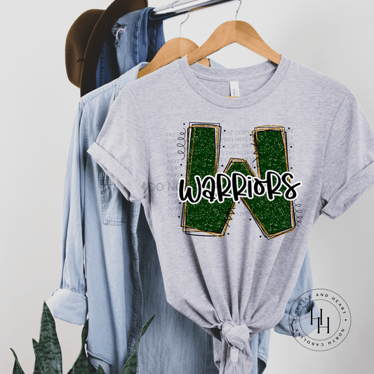 Warriors Green/gold Glitter Varsity Doodle Graphic Tee Dtg Tee